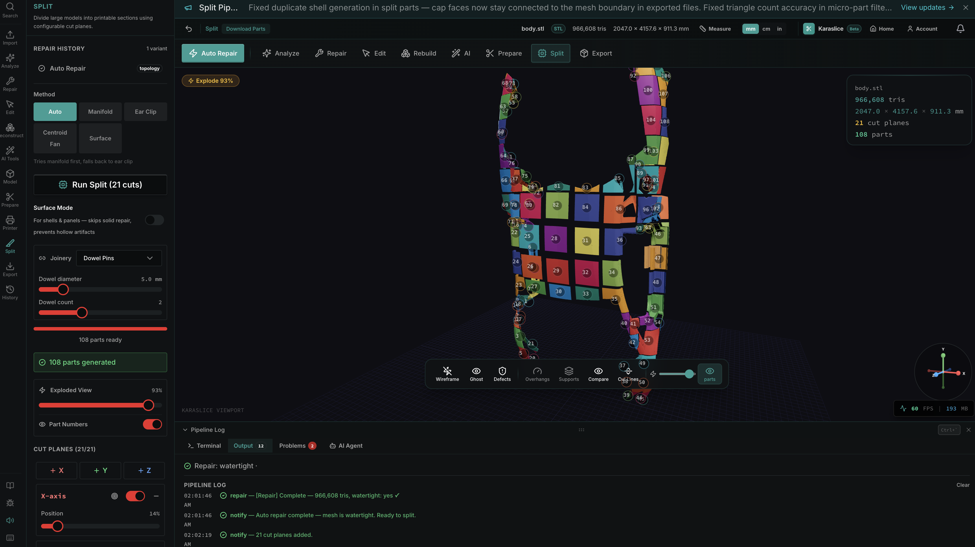 Karaslice auto split — 108 parts with exploded view, part numbers, and dowel pin joinery