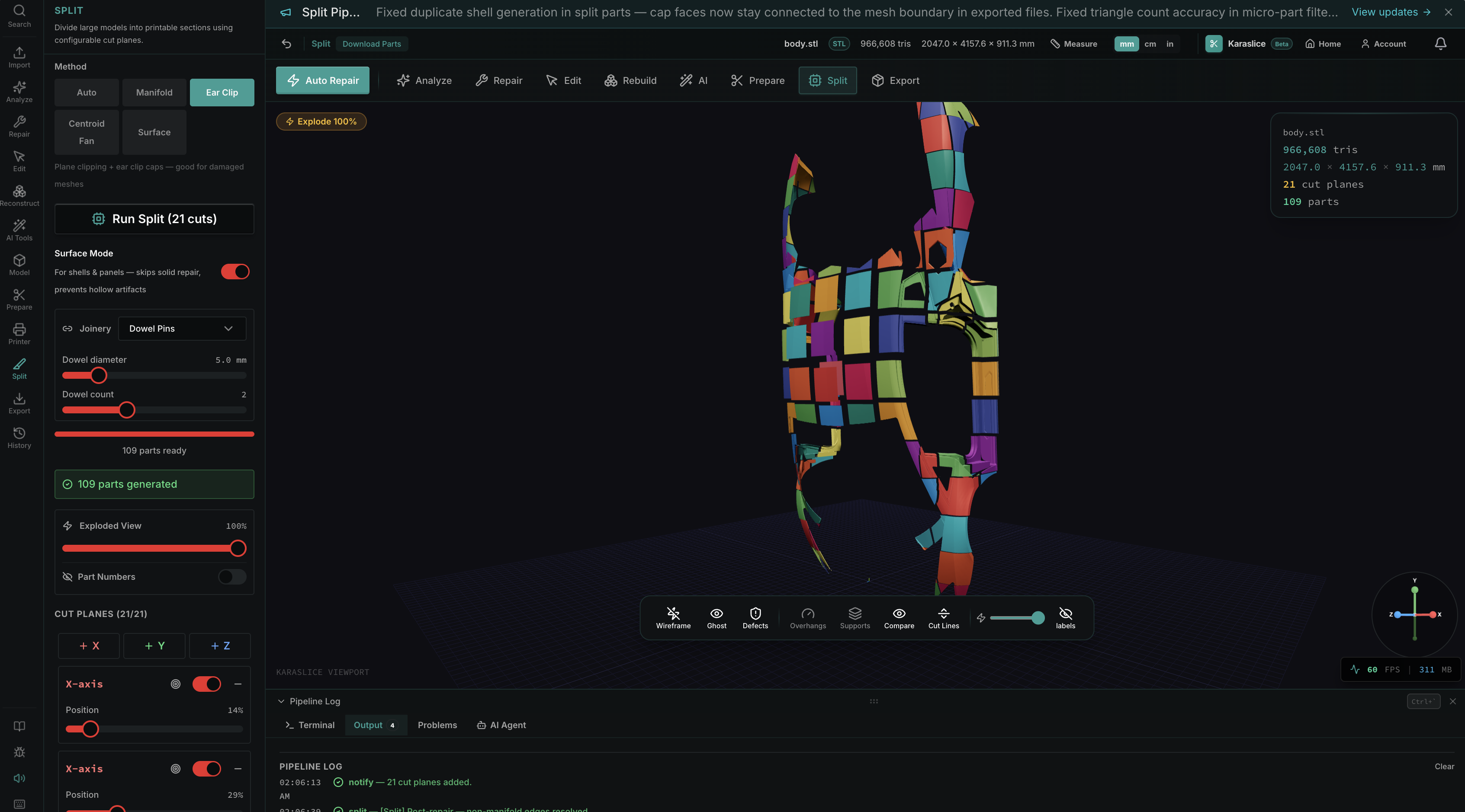 Karaslice ear clip split — 109 parts with surface mode, assembly guide export, and 5 split methods